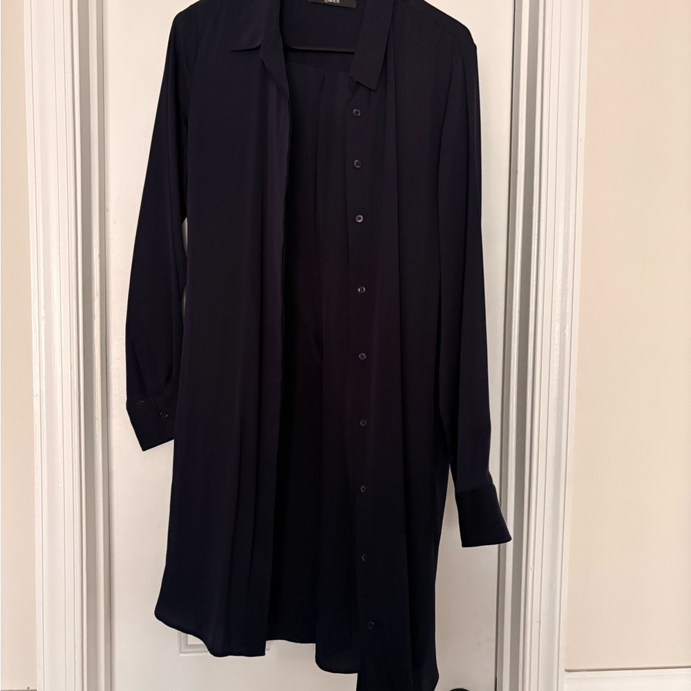 Navy Blue 100 % Silk button -Up Long Shirt Dress ( missing belt )
